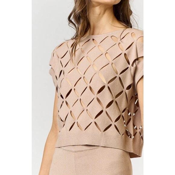 Cut Out Detail Sweater Top in Tan - Picture 2 of 5